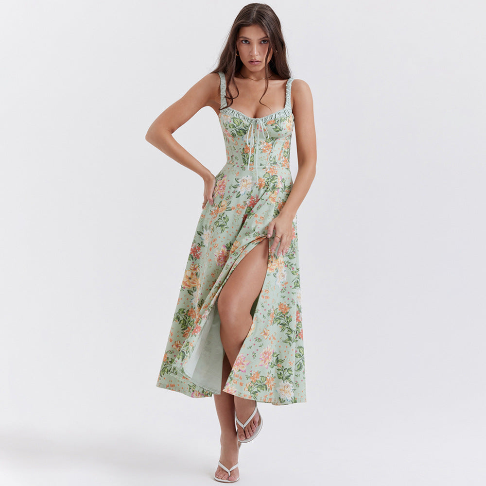 Floral Print Sweetheart Ruffle Neck Tie Front Corset Bodice A-Line Midi Dress 5