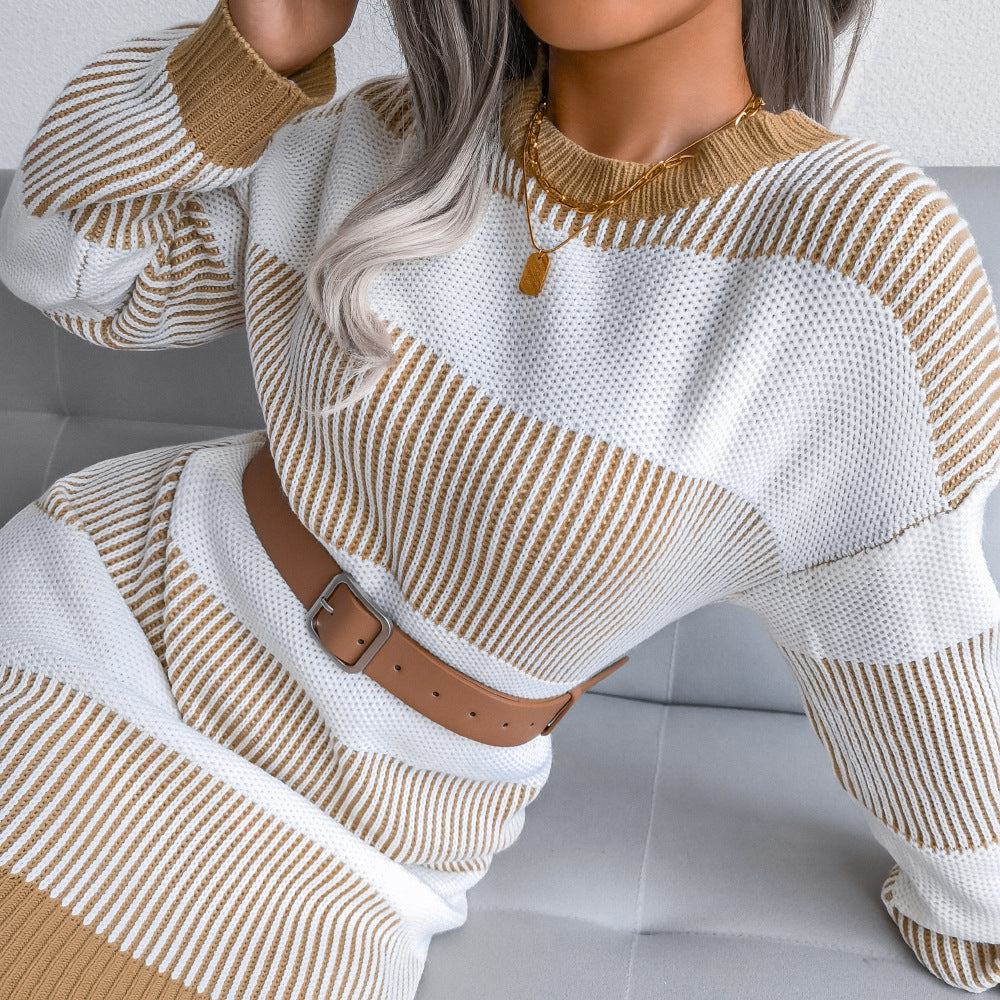 Crew Neck Long Sleeve Horizontal Stripe Knit Sweater Dress 2