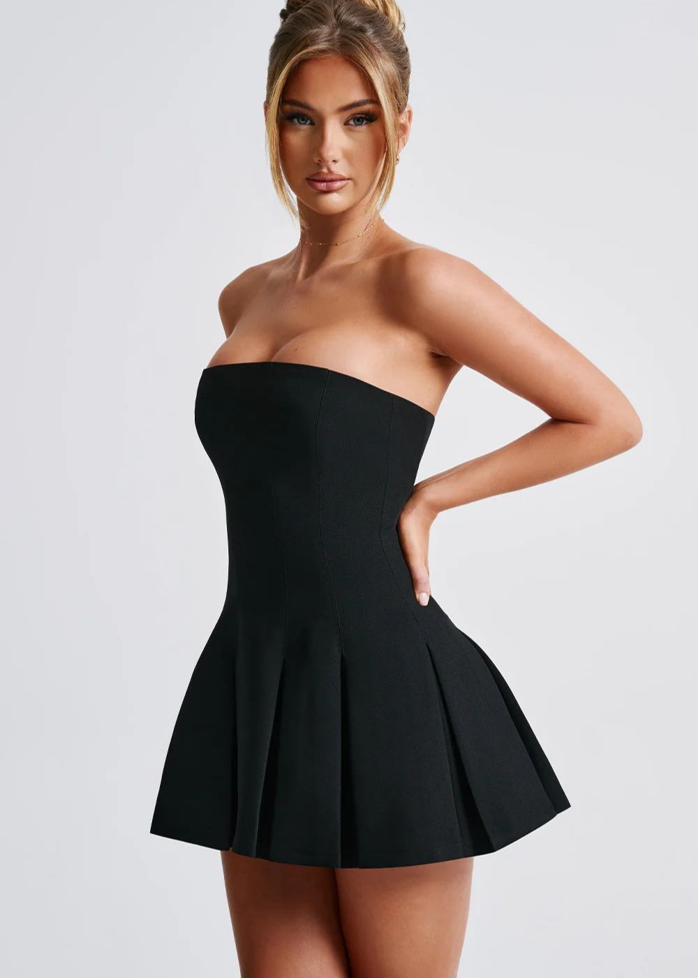 Strapless Princess Seam Box Pleated Fit and Flare Mini Dress 4