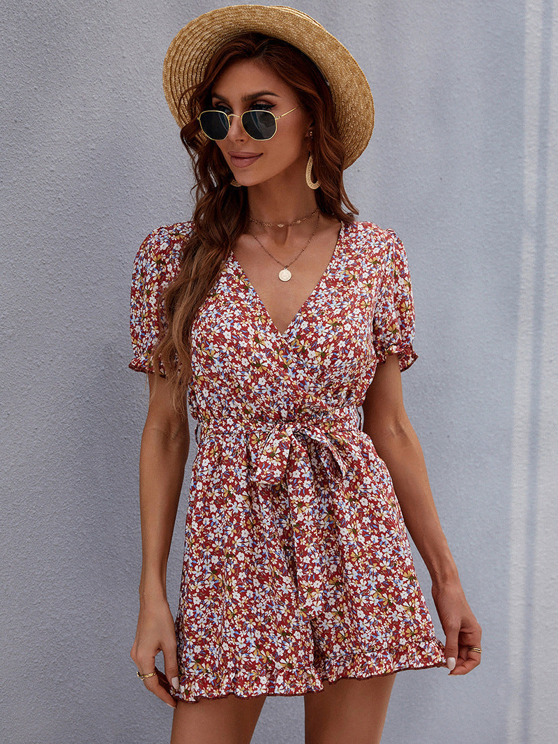 Ditsy Floral Print Surplice Tie Waist Ruffle Hem Romper