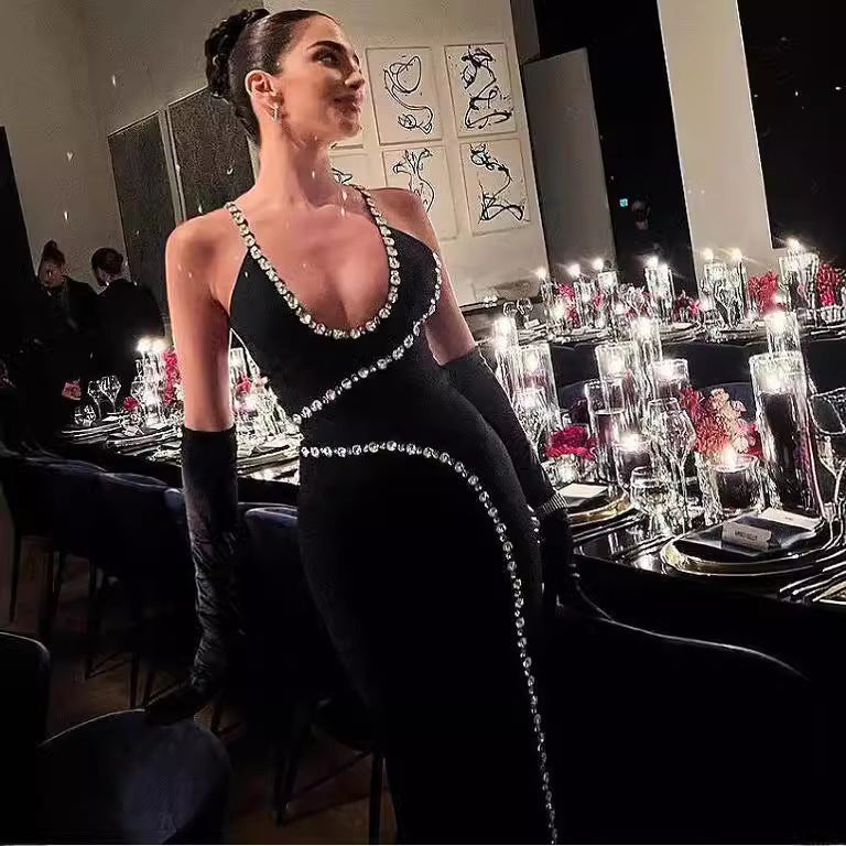 Elegant Long Sequin Mesh Halter Prom Dress black / XS promdress-250223