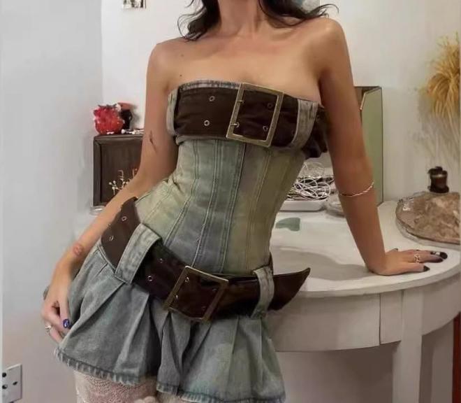 Strapless Double Buckle Belt Pleated Denim Corset Mini Dress 4