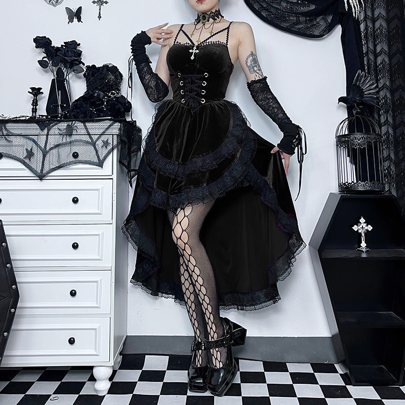 Lace Up Corset Cross Strap Velvet Lace Trim Hi-Lo Ruffle Dress 7