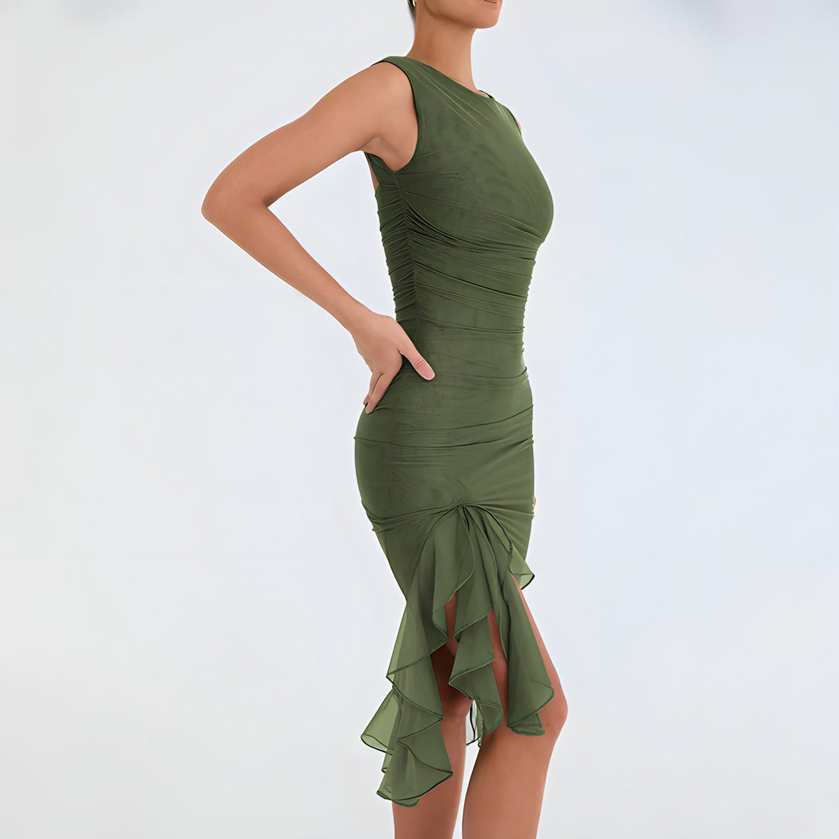 Ruched Crew Neck High Split Ruffle Hem Bodycon Midi Dress 5