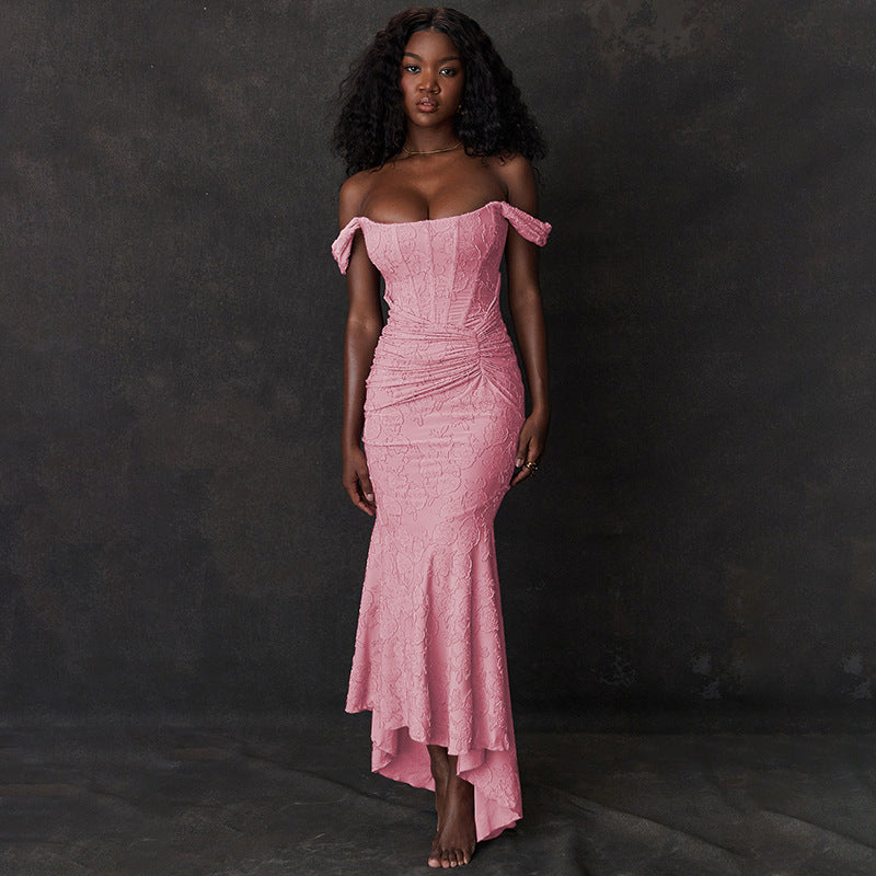 Jacquard Off Shoulder Corset Ruched Mermaid High Low Maxi Gown
