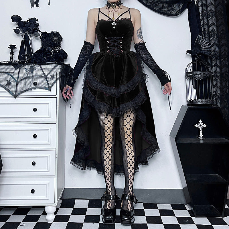Lace Up Corset Cross Strap Velvet Lace Trim Hi-Lo Ruffle Dress 5
