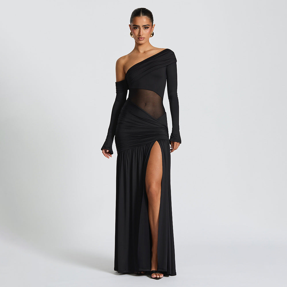 One Shoulder Asymmetric Ruching Mesh Midriff High Slit Maxi Gown 2