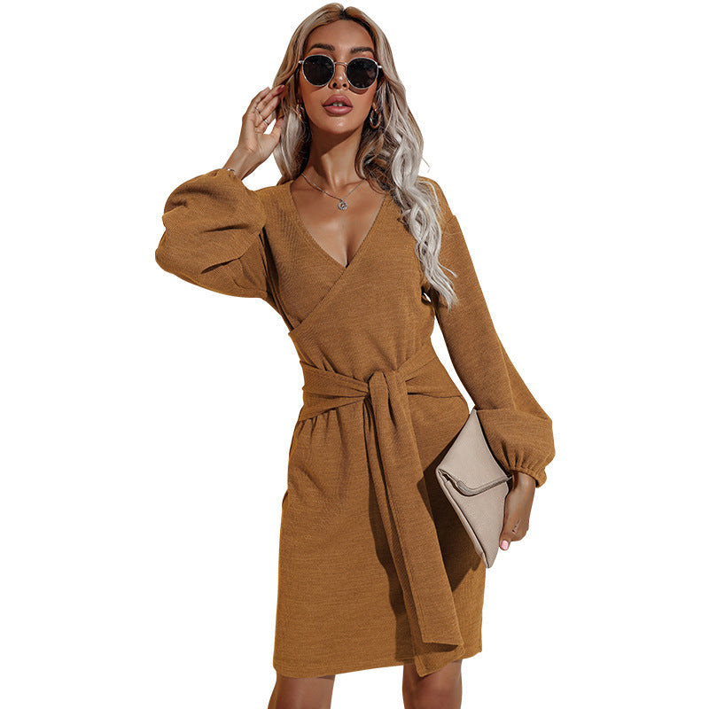 V Neck Wrap Front Lantern Sleeve Knit Mini Dress With Self Tie Belt 7