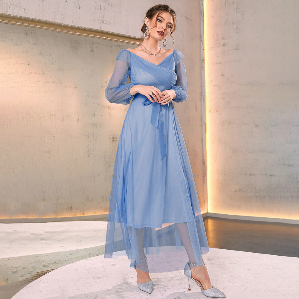 V-Neck High Waist Mesh Layered Midi Dress
