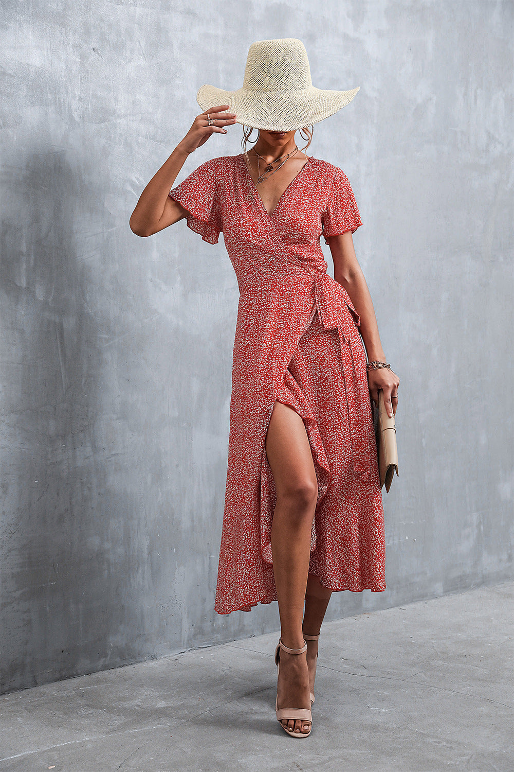 Deep V Neck Flutter Sleeve Wrap Tie Ditsy Floral High Low Midi Dress 3