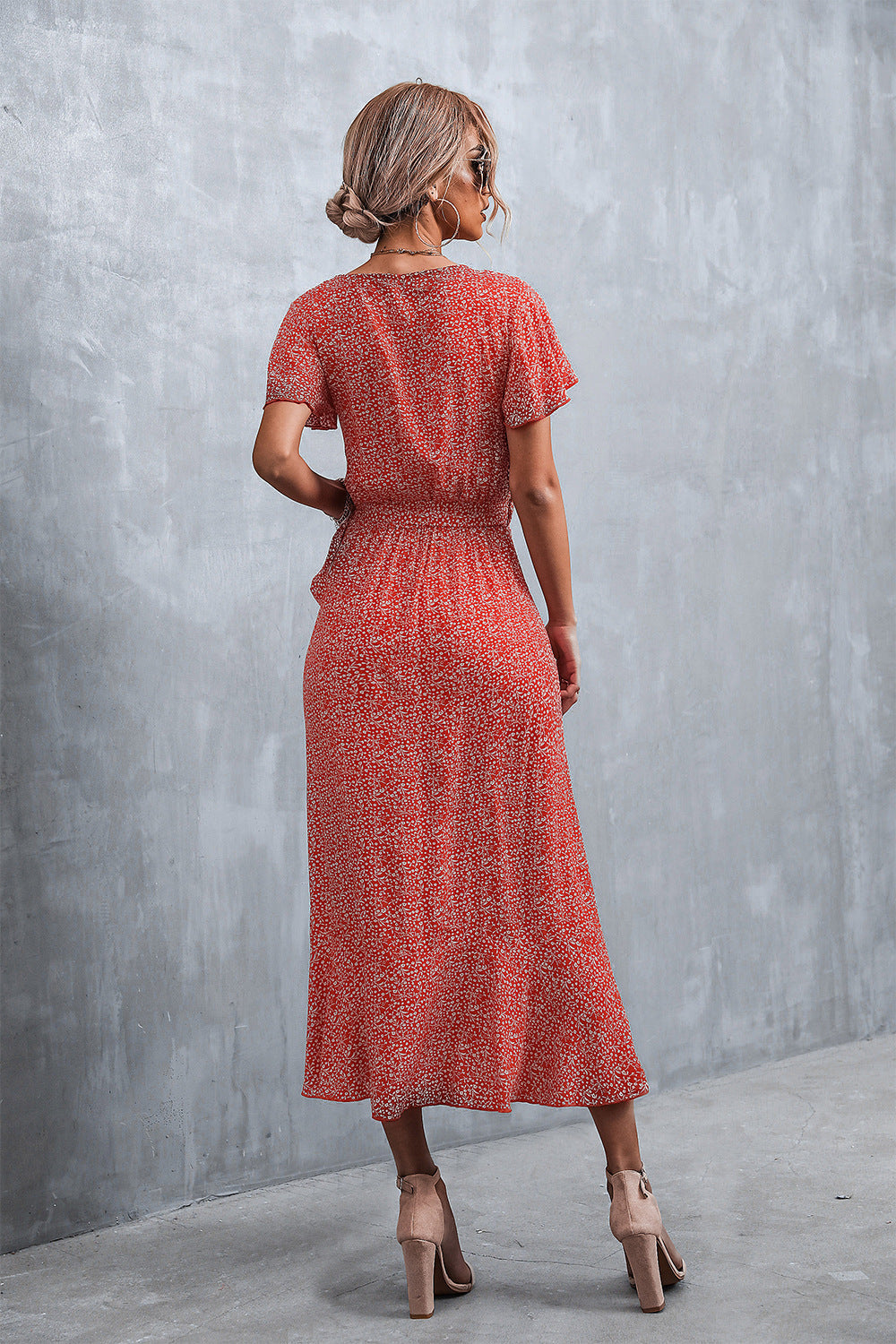 Deep V Neck Flutter Sleeve Wrap Tie Ditsy Floral High Low Midi Dress 4