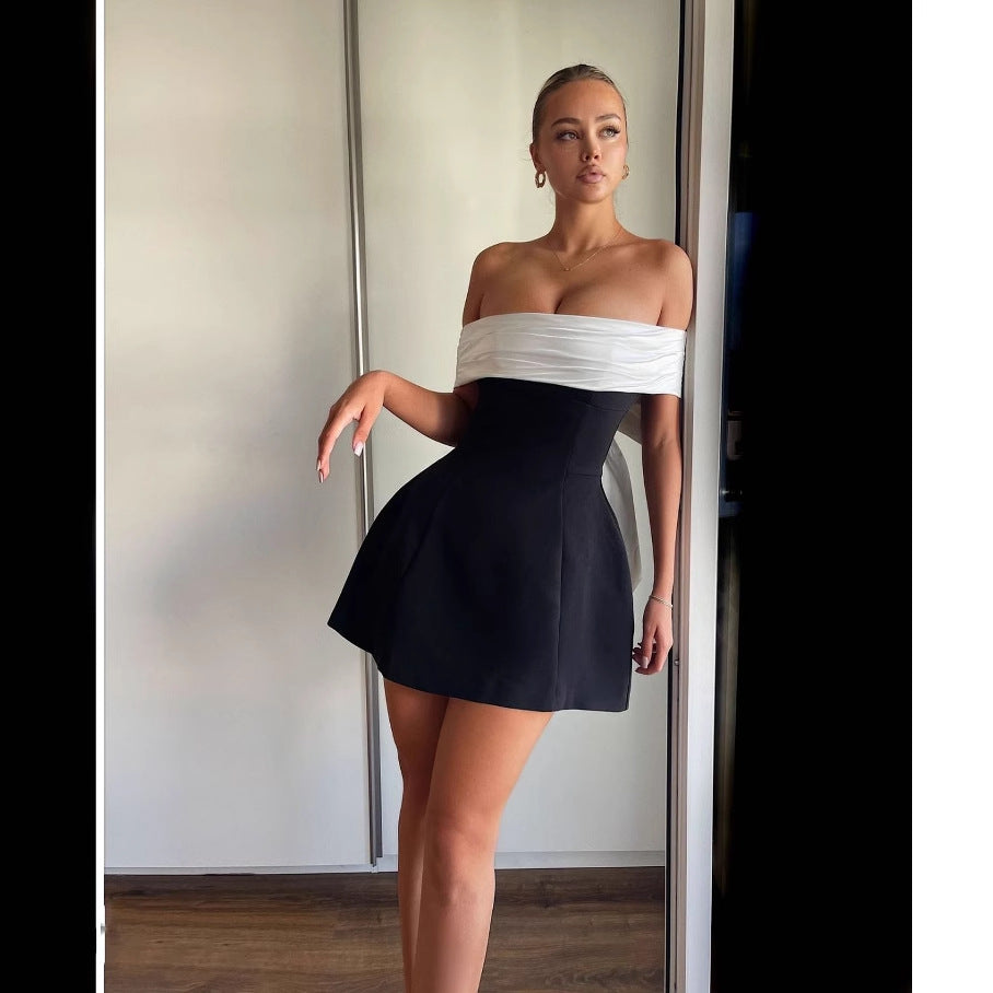 Off Shoulder Ruched Bodice Bow Back Two-Tone A-Line Mini Dress