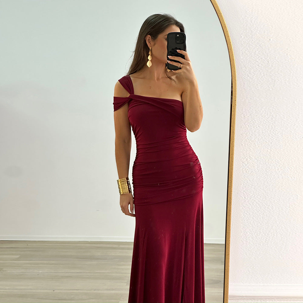 One Shoulder Ruched Twist Strap Mermaid Flare Maxi Gown 2