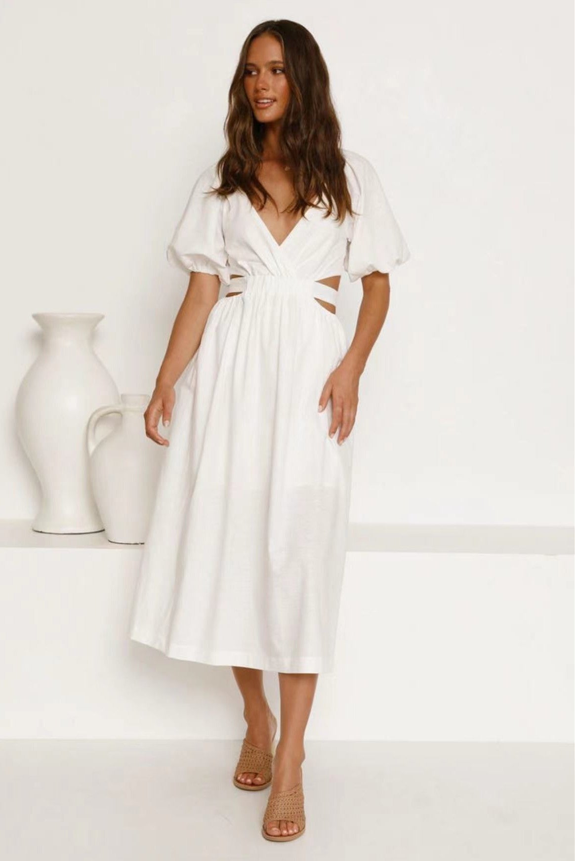 Deep V-Neck Puff Sleeve Side Cut Out Smocked Waist A-Line Midi Dress 5