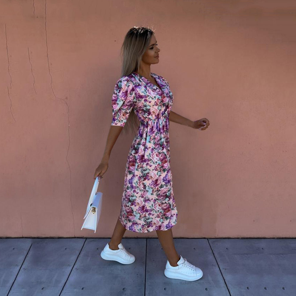 Floral Wrap V-Neck Puff Sleeve Side Slit Midi Dress 4