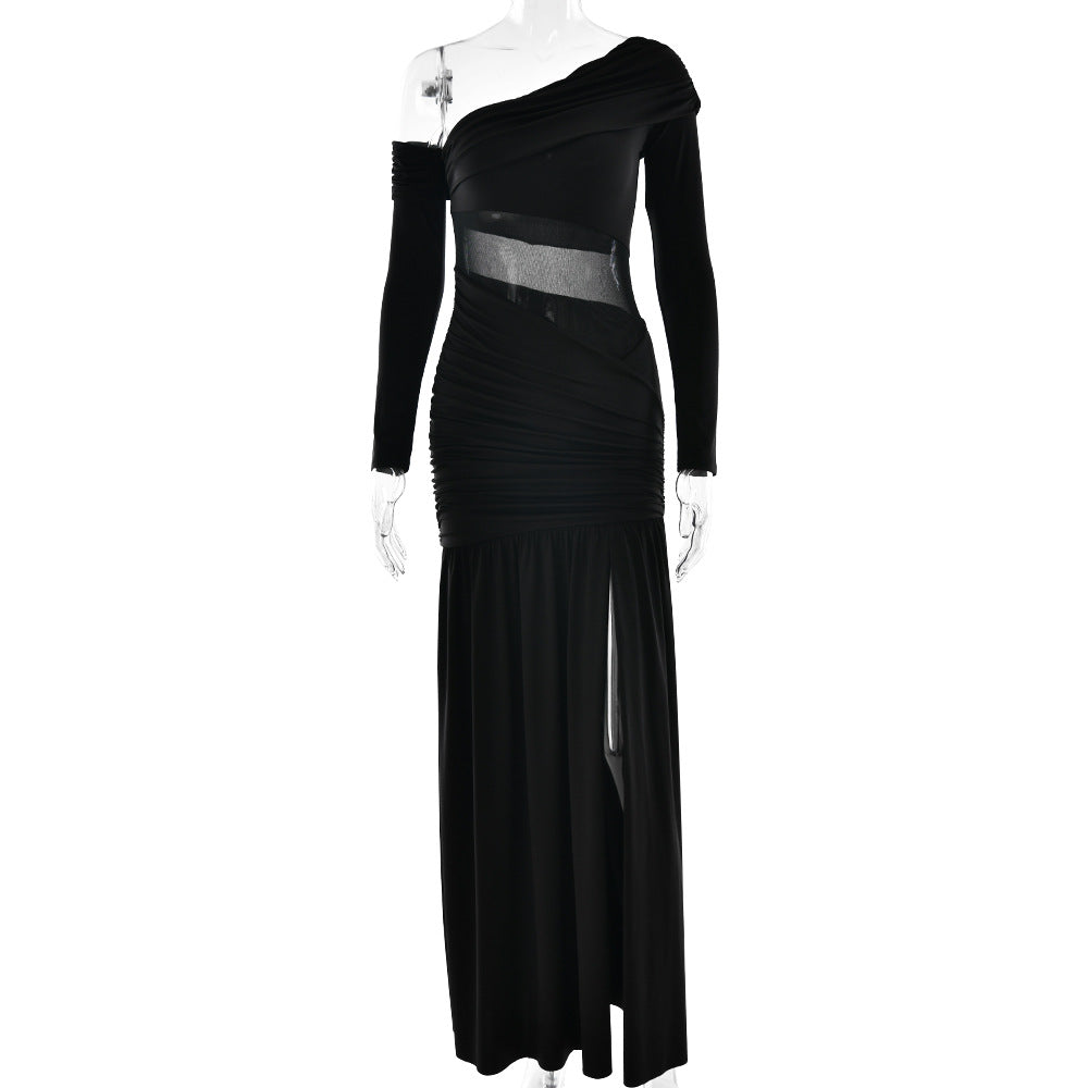One Shoulder Asymmetric Ruching Mesh Midriff High Slit Maxi Gown 5