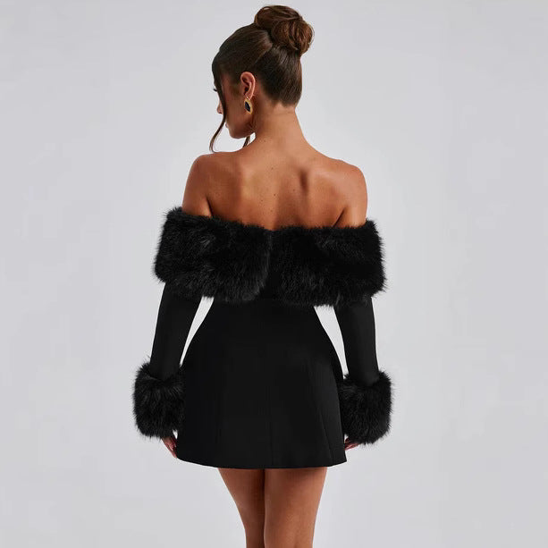 Off Shoulder Bardot Long Sleeve Faux Fur Cuff Bodycon Mini Dress 3