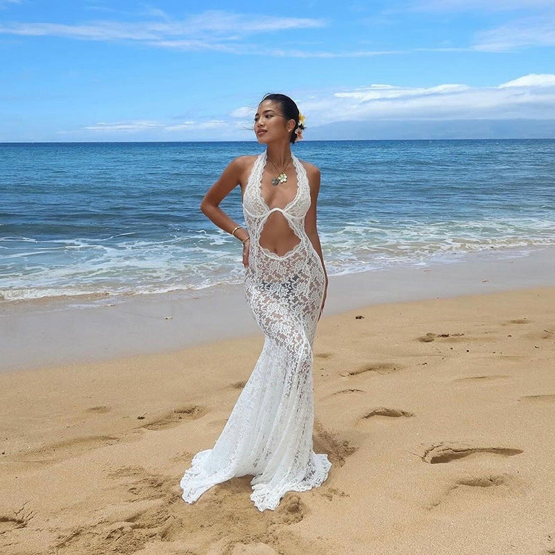 Floral Lace Halter Midriff Cutout Mermaid Trumpet Maxi Gown 3