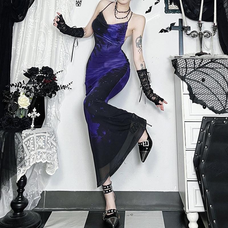Cowl Halter Spooky Forest Bat Print Mermaid Maxi Dress 3