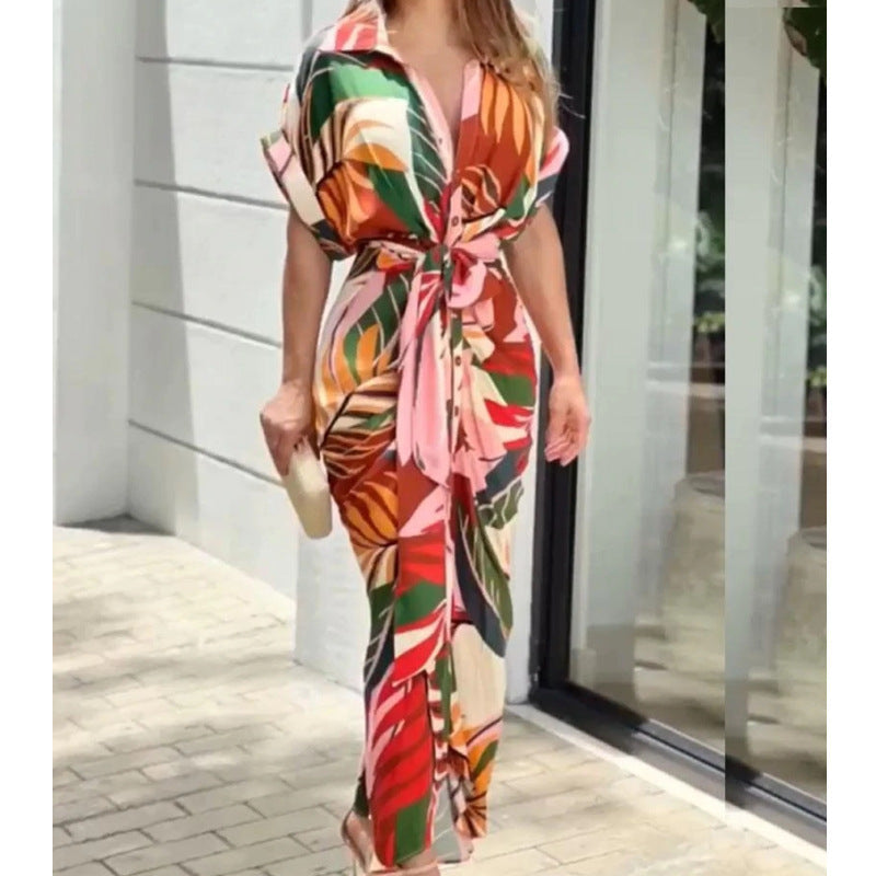 Tropical Leaf Print Button-Down Short Sleeve Tie-Waist Shirtdress Maxi Dress 5