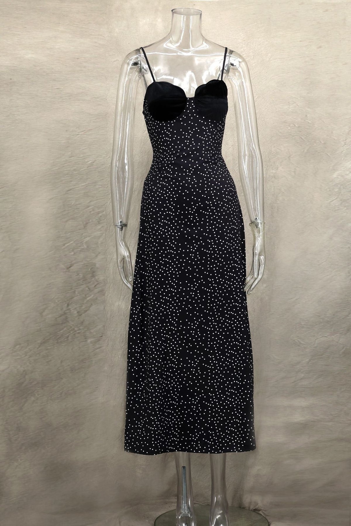 Spaghetti Strap Scalloped Velvet Bust Polka Dot Bodycon Maxi Dress 7