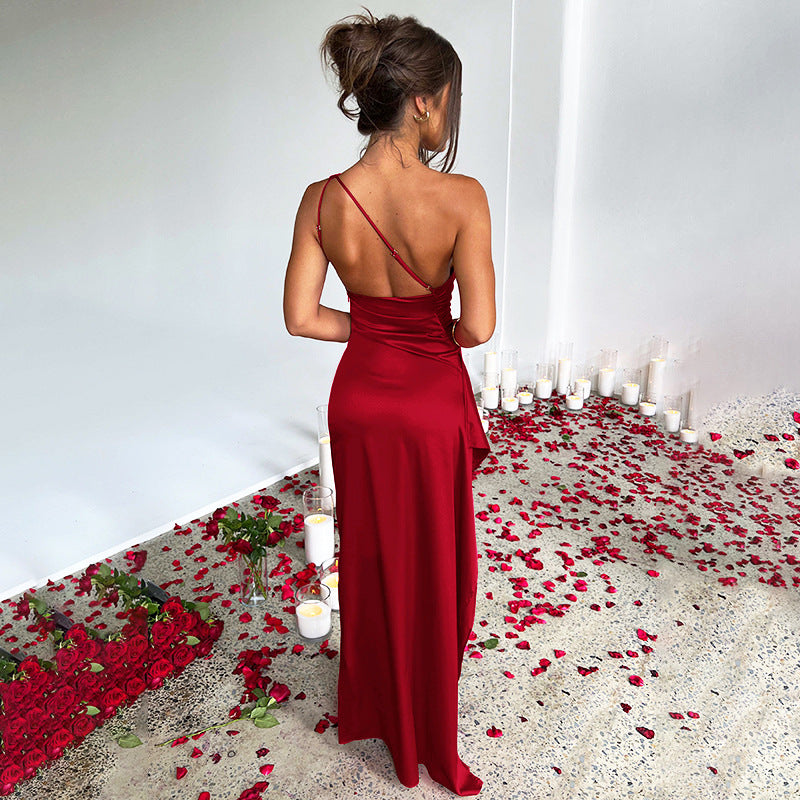 Satin One-Shoulder Ruched Bodice High Slit Column Maxi Gown 7