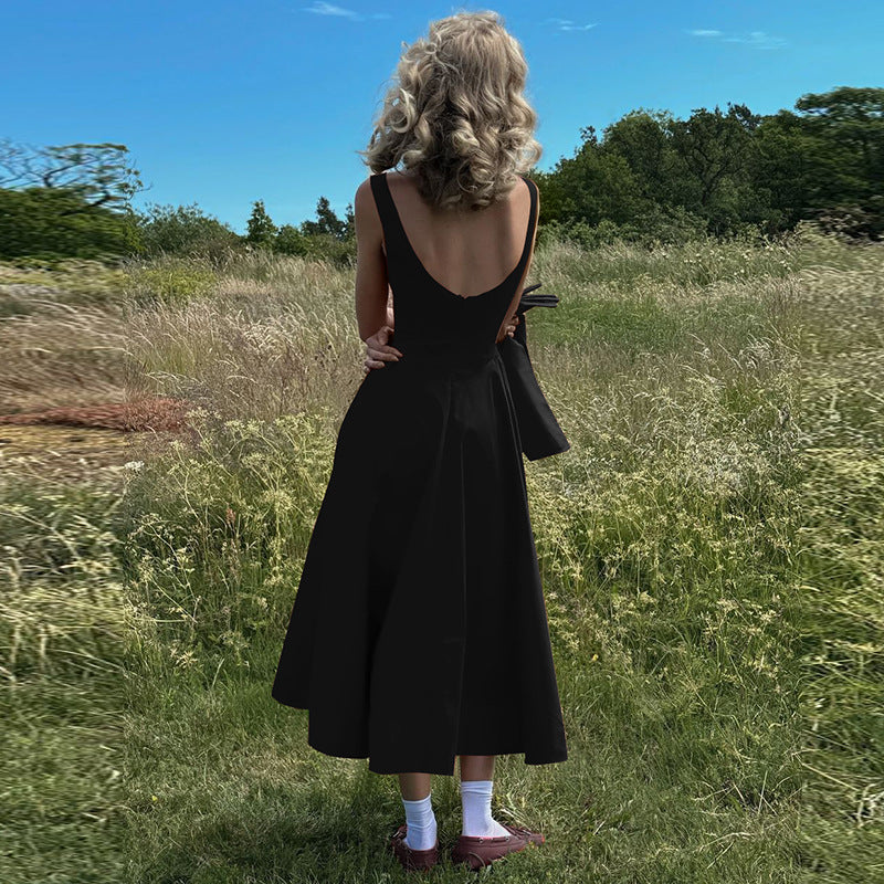 Boat Neck Sleeveless Fitted Waist Flared Gathered Midi Dress 3