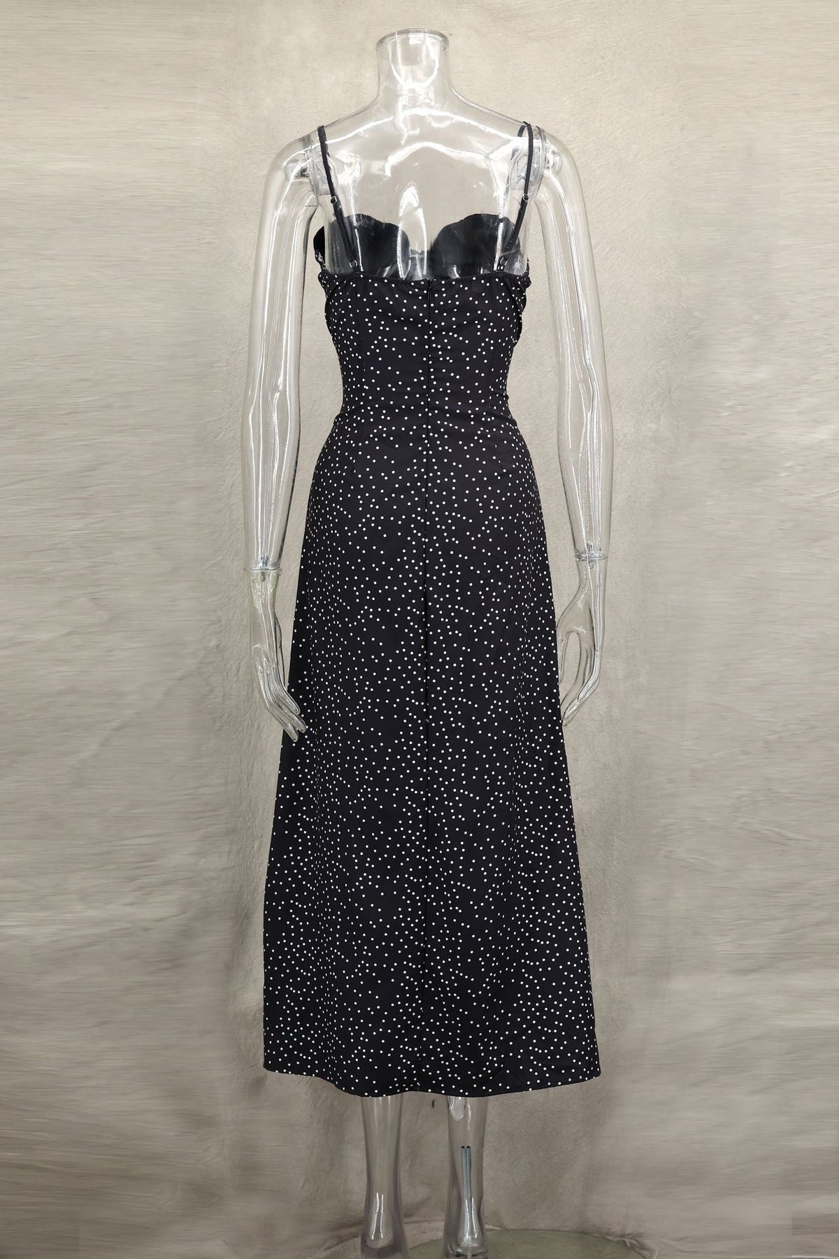 Spaghetti Strap Scalloped Velvet Bust Polka Dot Bodycon Maxi Dress 8