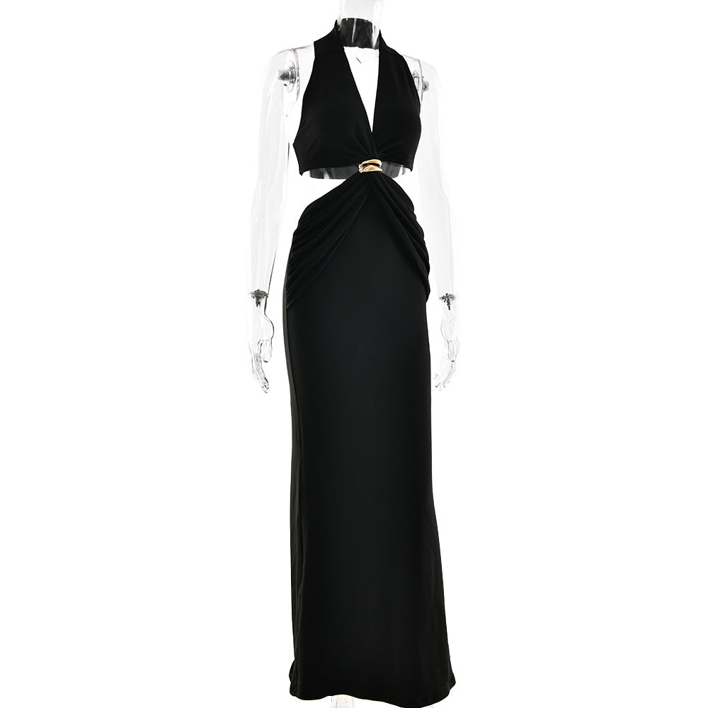 Halter Plunging V-Neck Side Waist Cutout Ring Detail Bodycon Maxi Dress 7