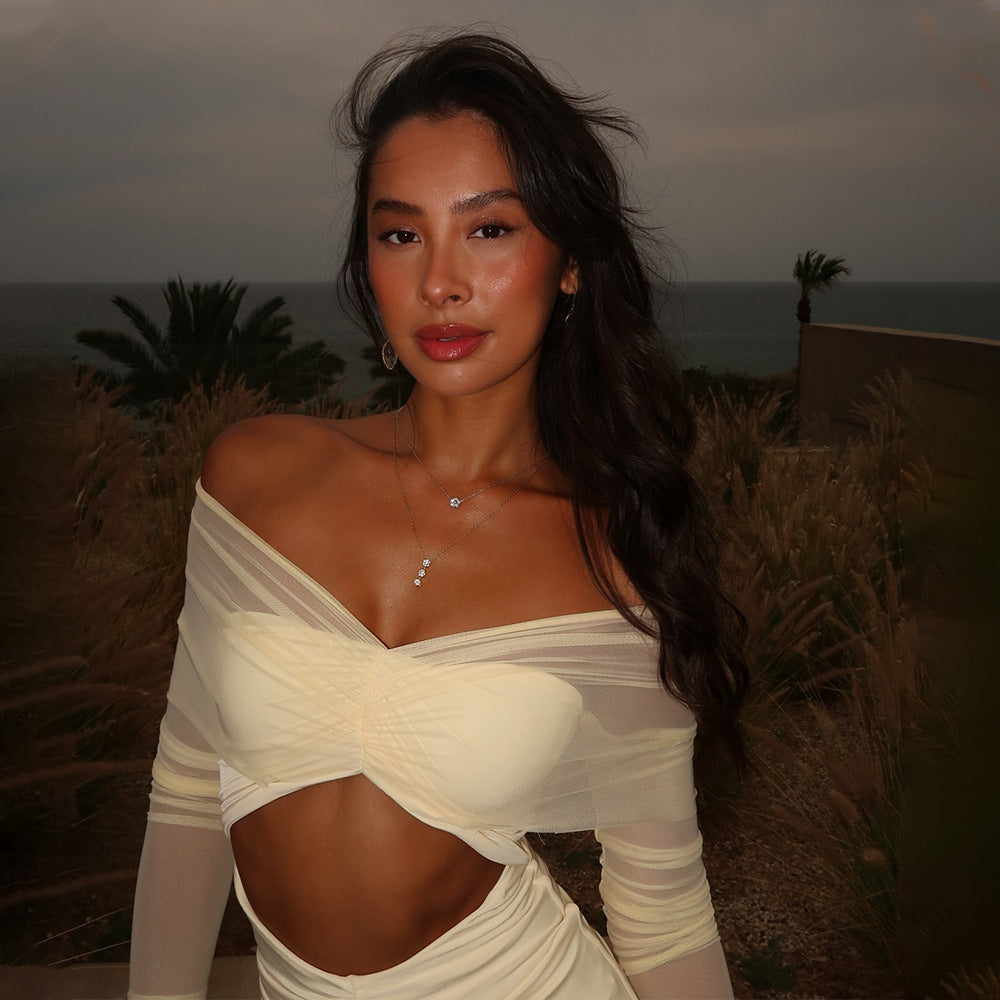Off Shoulder Mesh Sleeve Diamond Cutout Ruched Column Maxi Gown 9