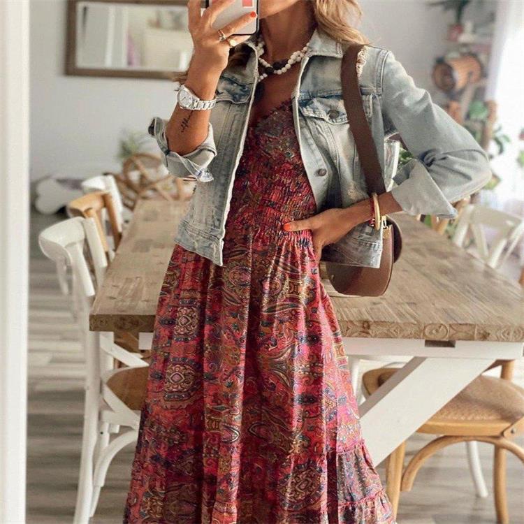 V Neck Smocked Puff Sleeve Paisley Tiered Maxi Dress 3