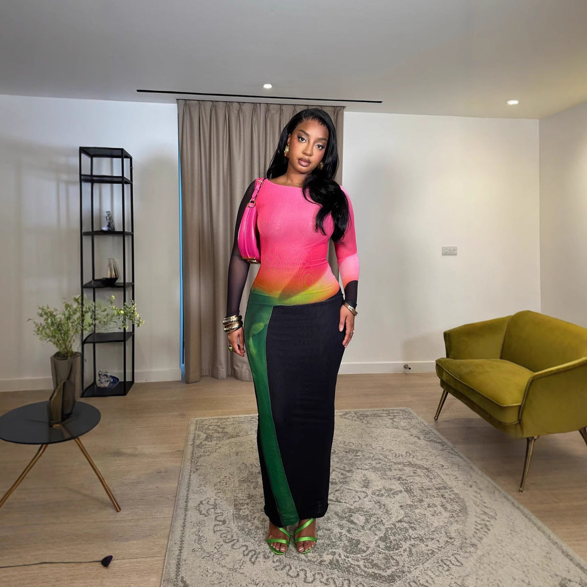 Crew Neck Mesh Sleeve Abstract Print Column Skirt Set