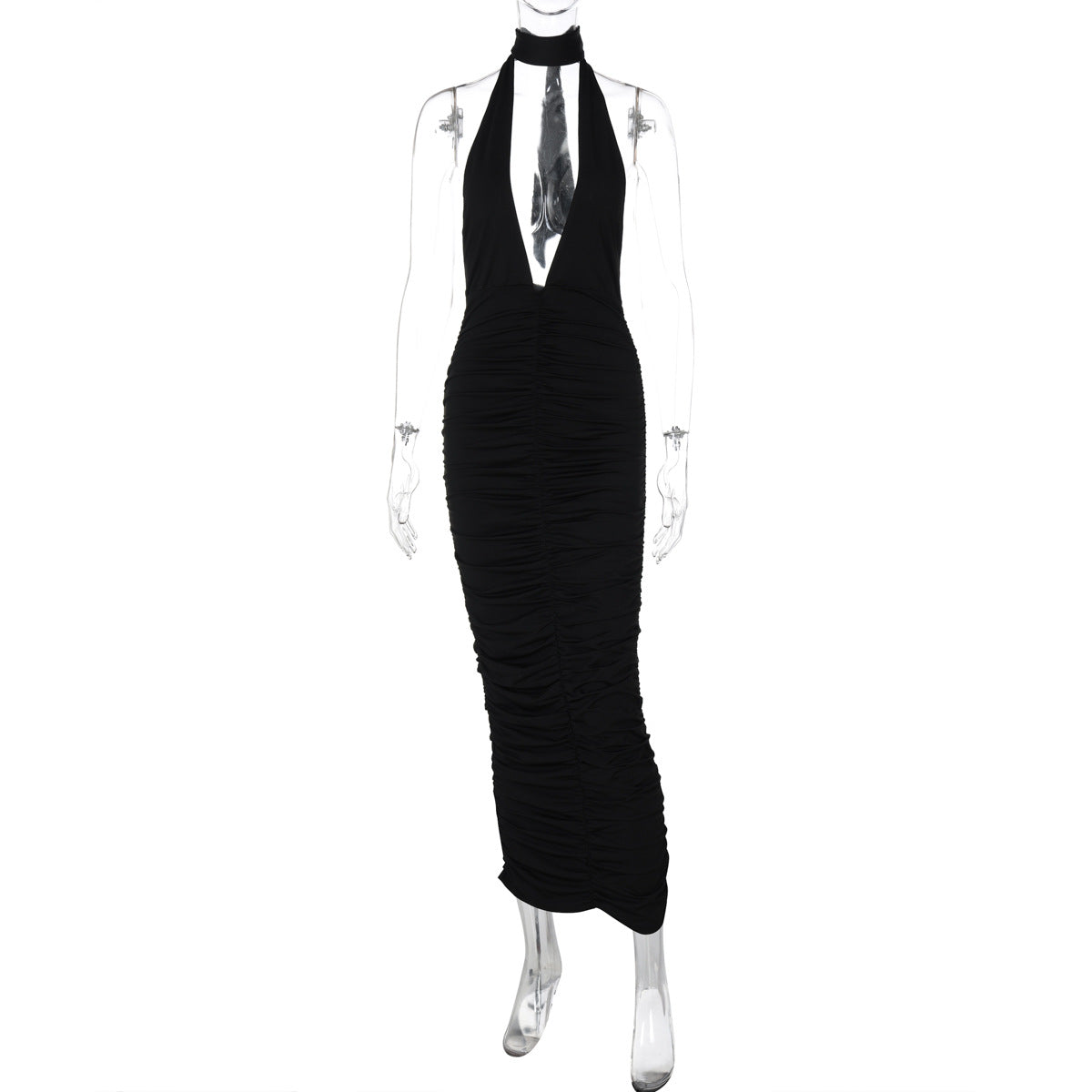 Halter Deep V Choker Ruched Backless Maxi Dress 2