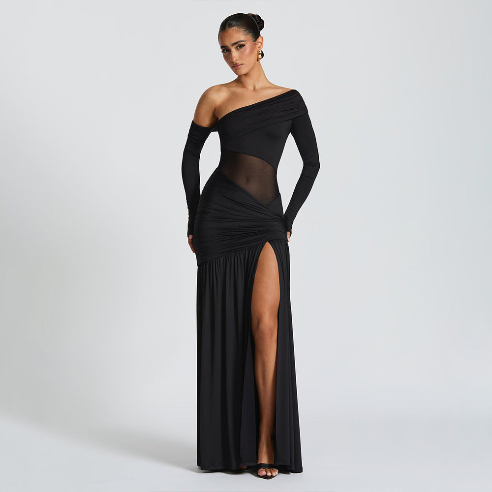 One Shoulder Asymmetric Ruching Mesh Midriff High Slit Maxi Gown 3