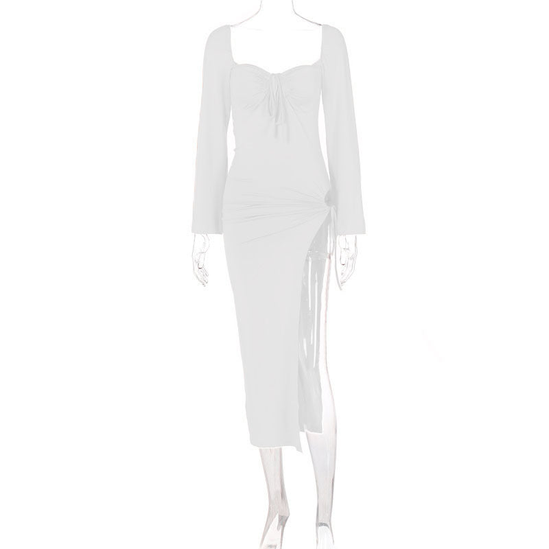 Sweetheart Keyhole Tie Long Sleeve Hip Cutout Slit Maxi Dress 3