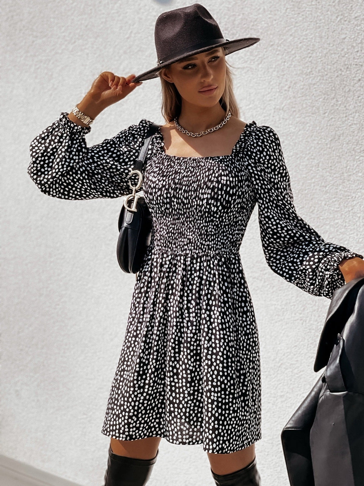 Square Neck Smocked Puff Sleeve Polka Dot Flared Mini Dress 2