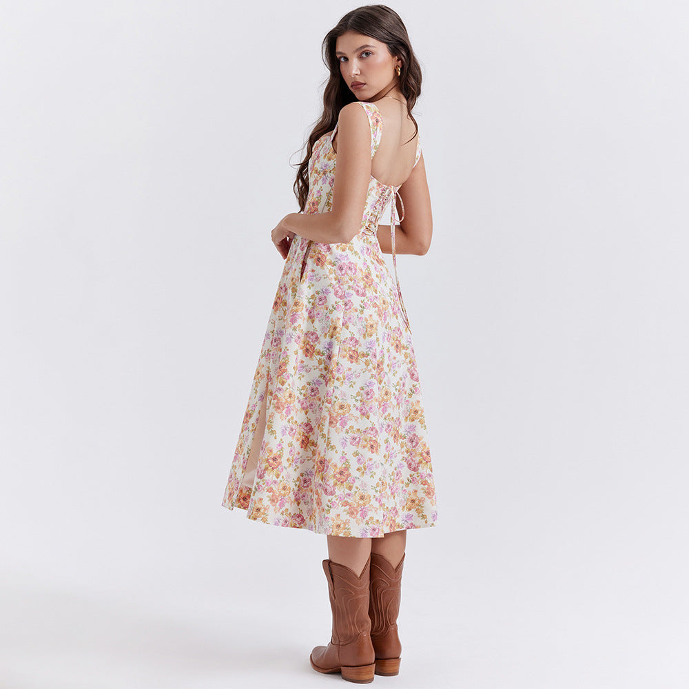 Floral Print Corset Boning Scoop Neck Tank Strap Side Slit A-Line Midi Dress 4