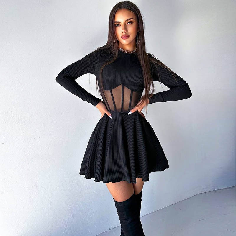 Crew Neck Corset Cage Waist Ribbed Knit Fit And Flare Mini Dress 2