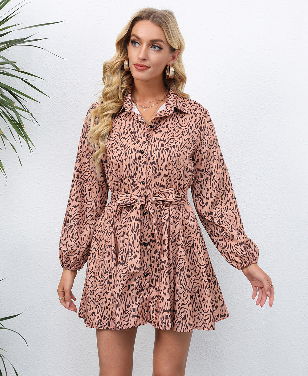 Long Sleeve Collared Button Down Tie Waist Spot Print Mini Shirt Dress 2
