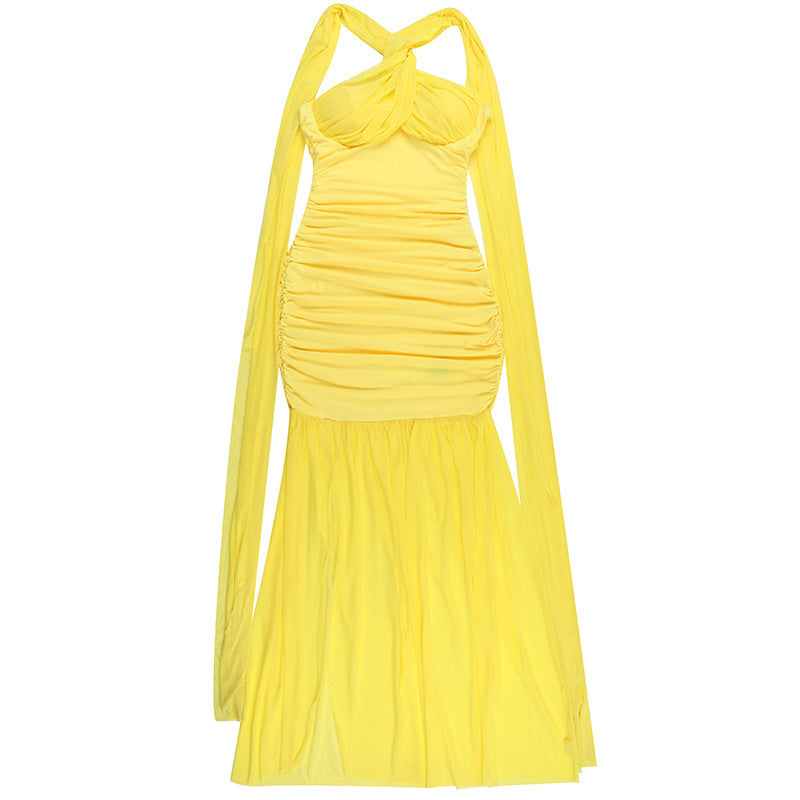 Halter Keyhole Ruched Bustier Mesh Skirt Column Maxi Gown 13
