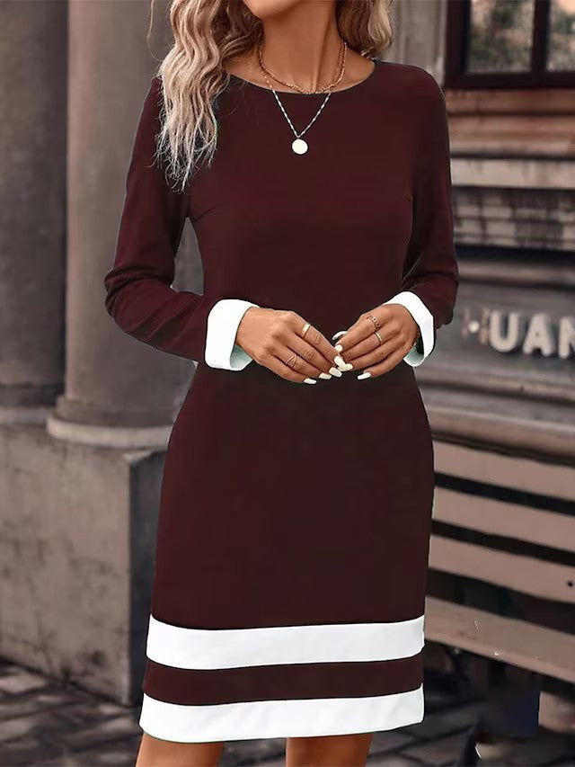 Contrast Cuff Color Block Crew Neck Long Sleeve Bodycon Mini Dress 3