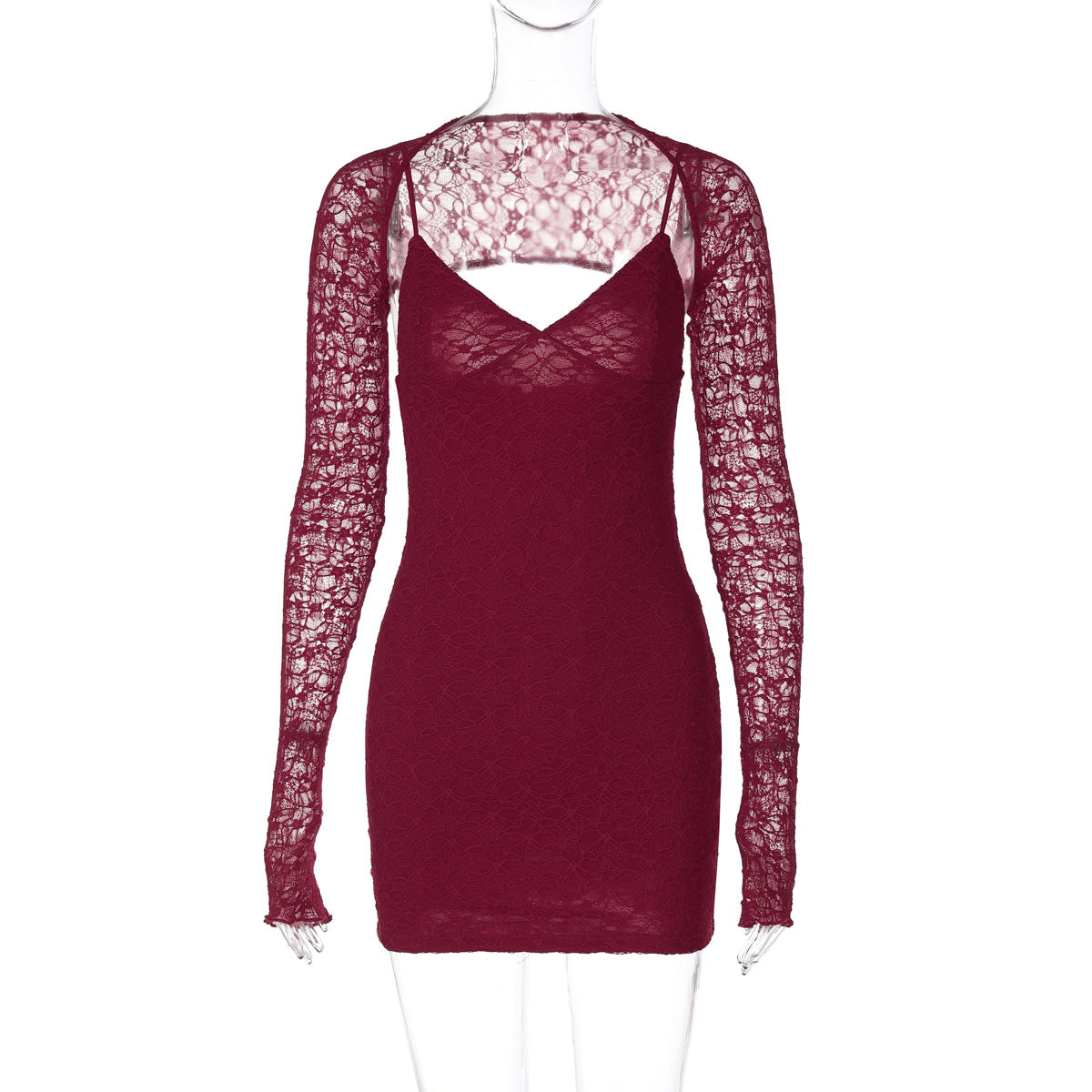 Floral Lace Deep V-Neck Spaghetti Strap Bodycon Mini Dress with Lace Bolero 2