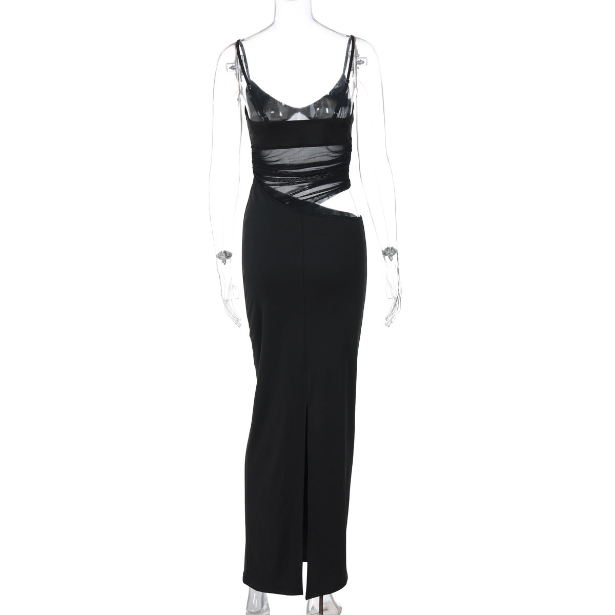Deep V-Neck Mesh Ruched Waist Diagonal Cutout Column Maxi Dress 2