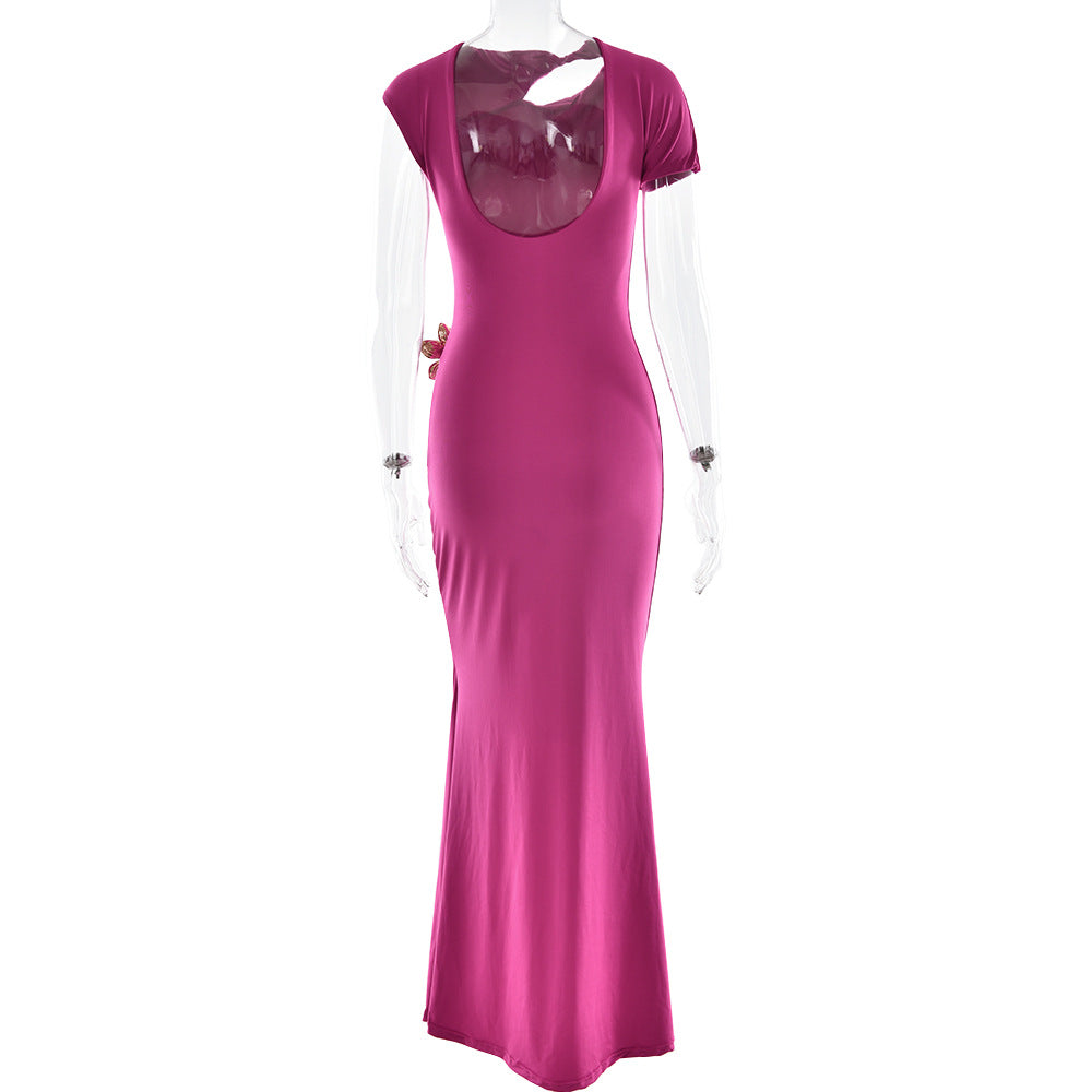 One Shoulder Cap Sleeve Cutout Ruched Maxi Dress with Buckle 5
