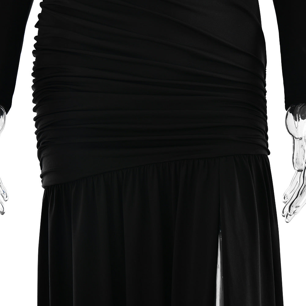 One Shoulder Asymmetric Ruching Mesh Midriff High Slit Maxi Gown 11