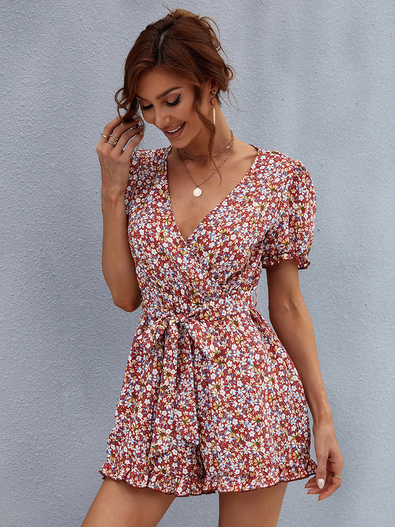 Ditsy Floral Print Surplice Tie Waist Ruffle Hem Romper 3