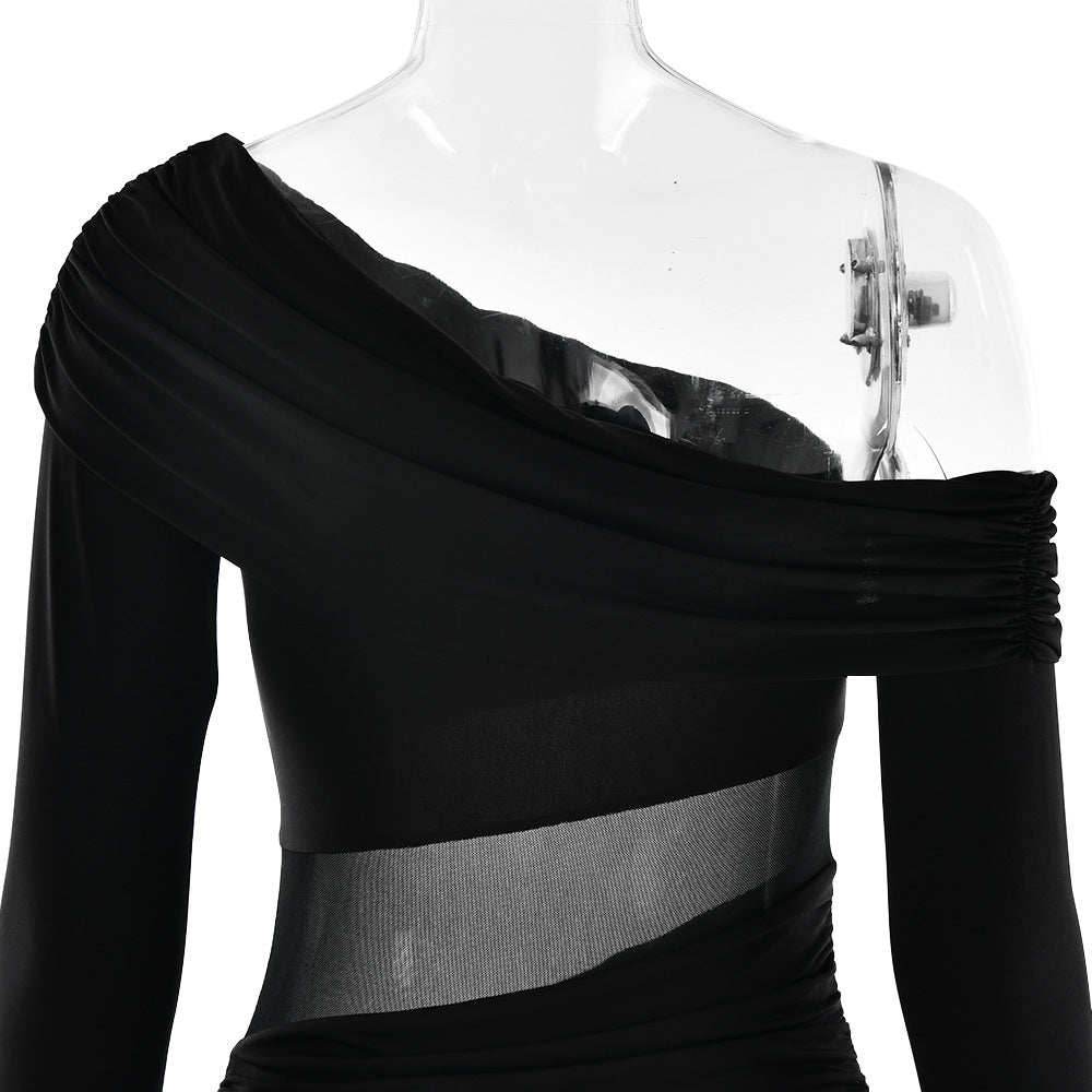 One Shoulder Asymmetric Ruching Mesh Midriff High Slit Maxi Gown 13