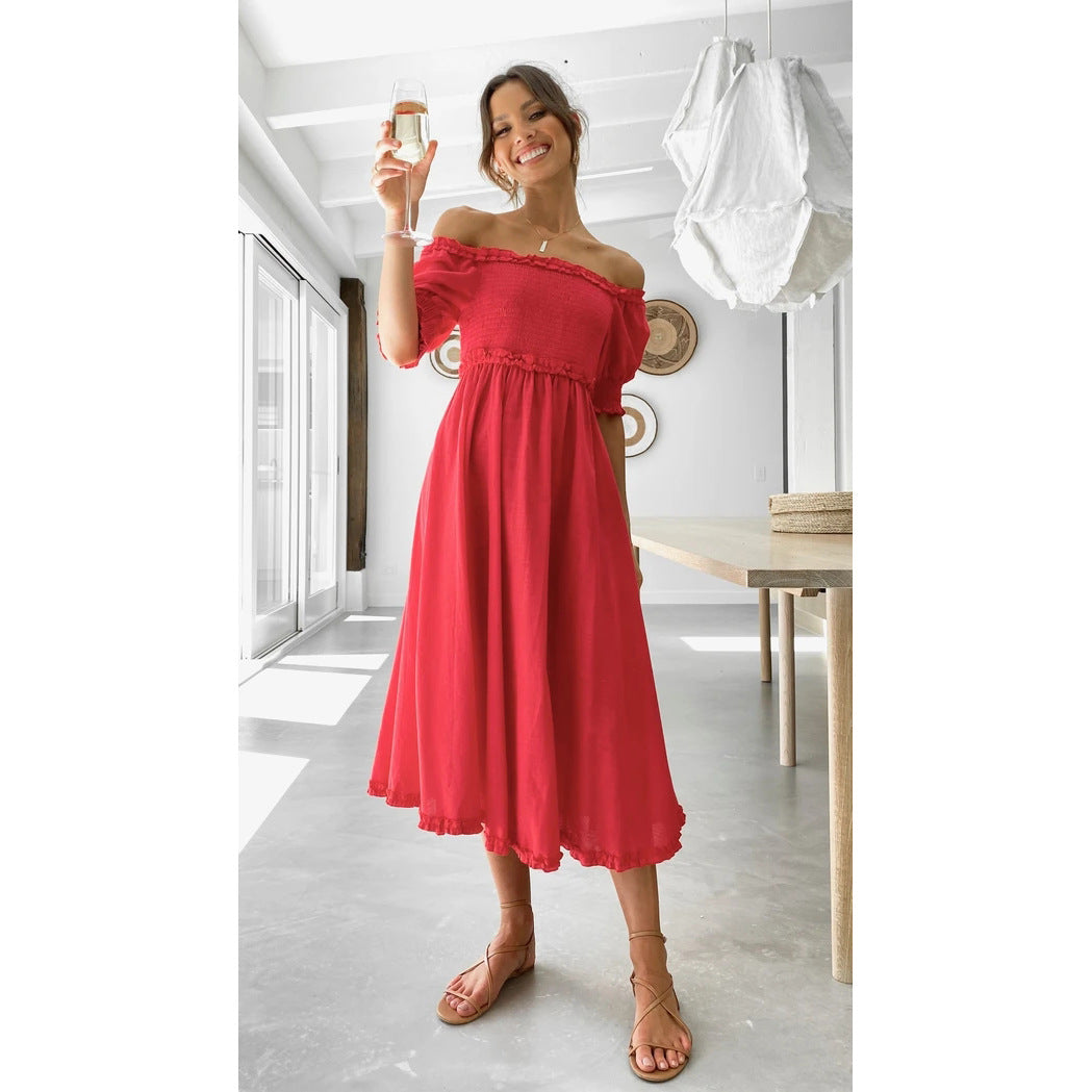 Off Shoulder Smocked Puff Sleeve Ruffle Trim Midi Dress 2