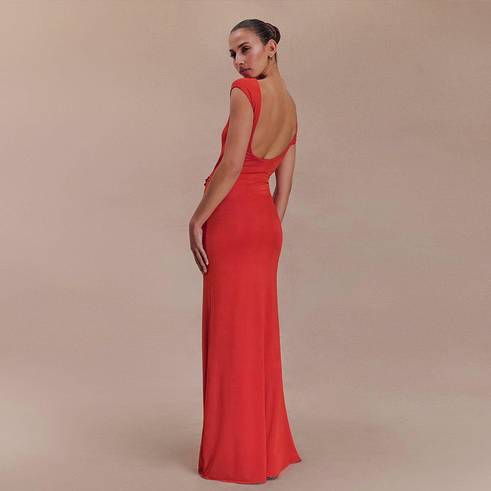One Shoulder Cap Sleeve Cutout Ruched Maxi Dress with Buckle 3