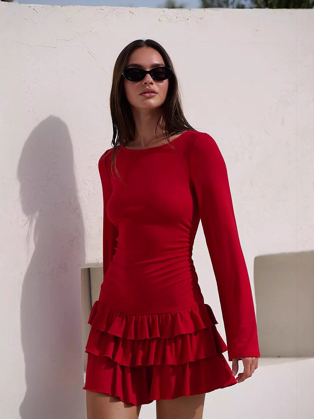 Boat Neck Long Sleeve Side Ruched Tiered Ruffle Ribbed Mini Dress 6